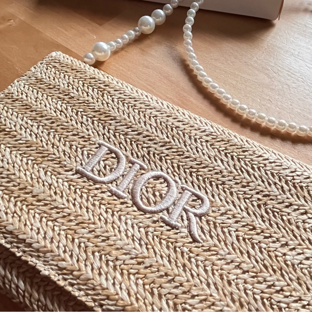 Authentic Dior Raffia Pouch – Like New with Box & Pearl Strap